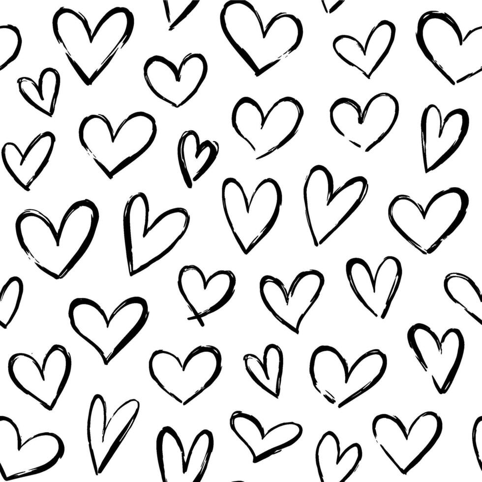 Sketch hearts pattern. Hand drawn valentines heart ornament for wrapping paper, anniversary greeting cards, black ink romance hearts vector seamless background