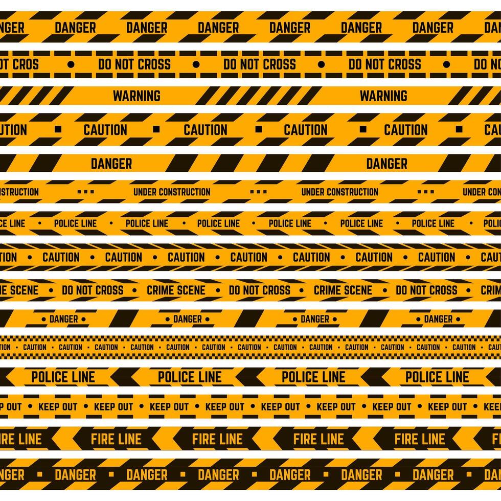 Caution stripe border. Warning yellow, black tape, criminal police line, hazard striped ribbons. Security perimeter tape vector illustration set