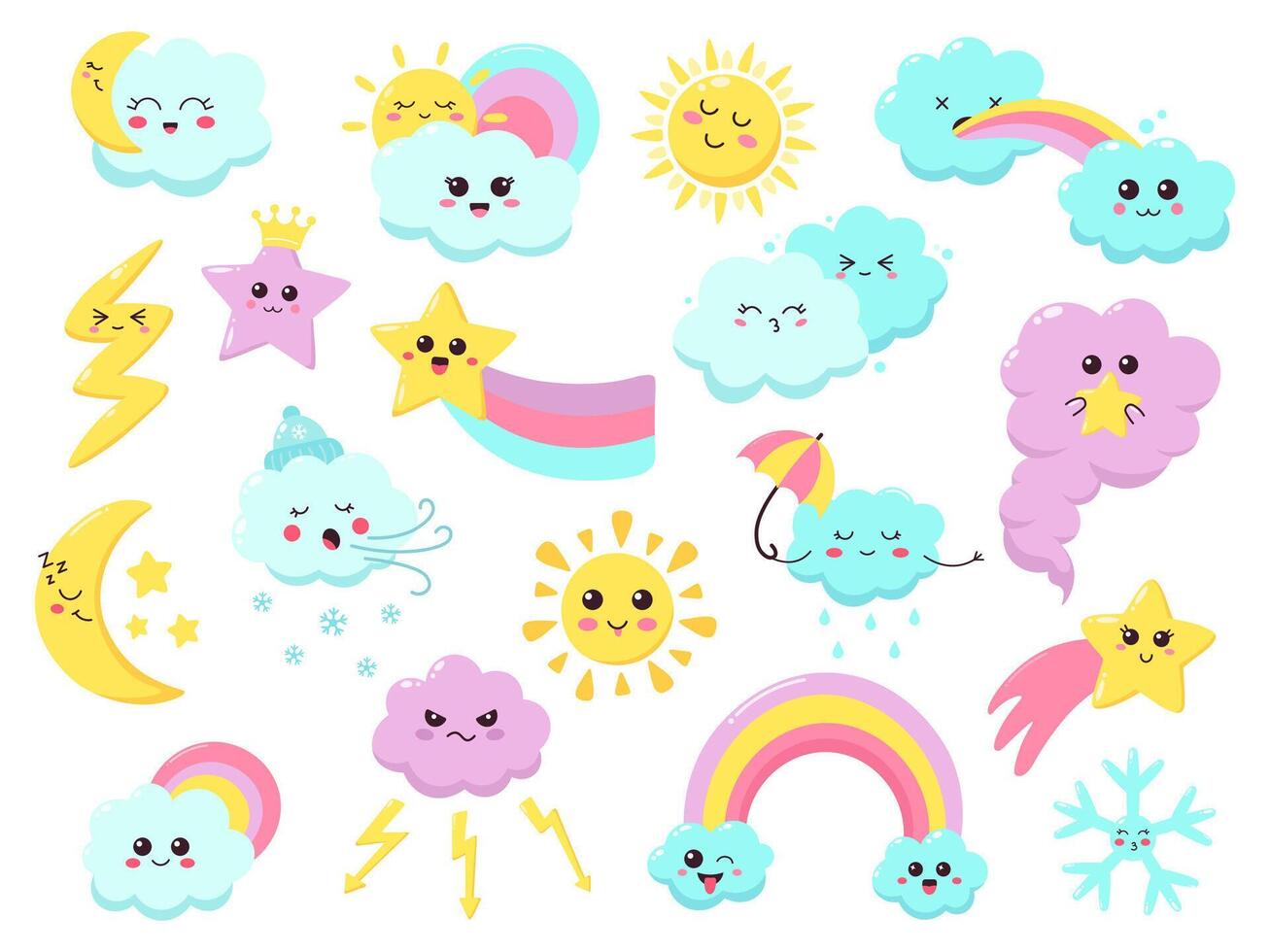 Cute weather emoticons. Funny weather character, hand drawn stars, wind, rainbow and flash, smiling weather signs vector illustration icons set