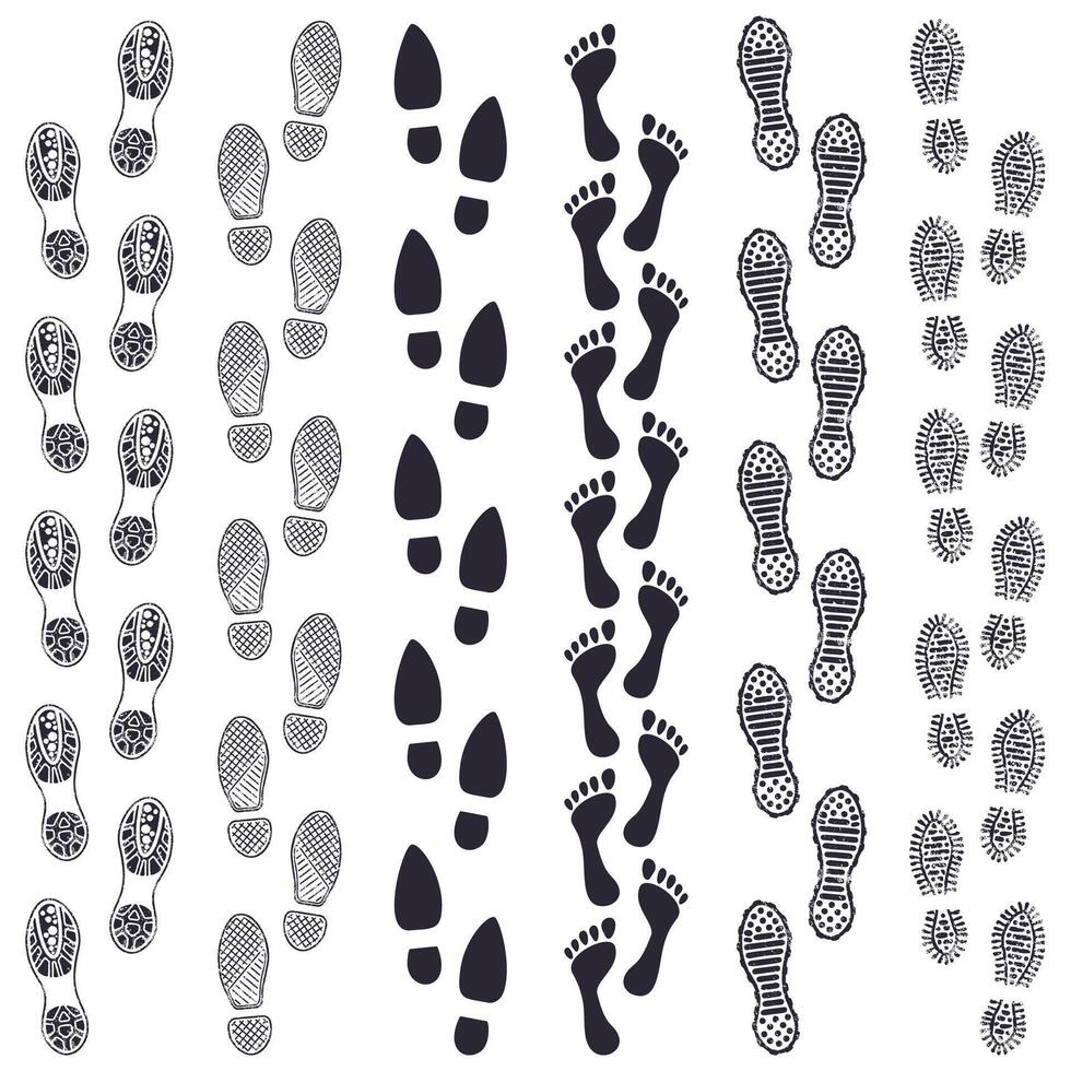 Walking footprints. Human footsteps trail, walking foot track routes, shoe steps silhouette imprint way track isolated vector illustration set