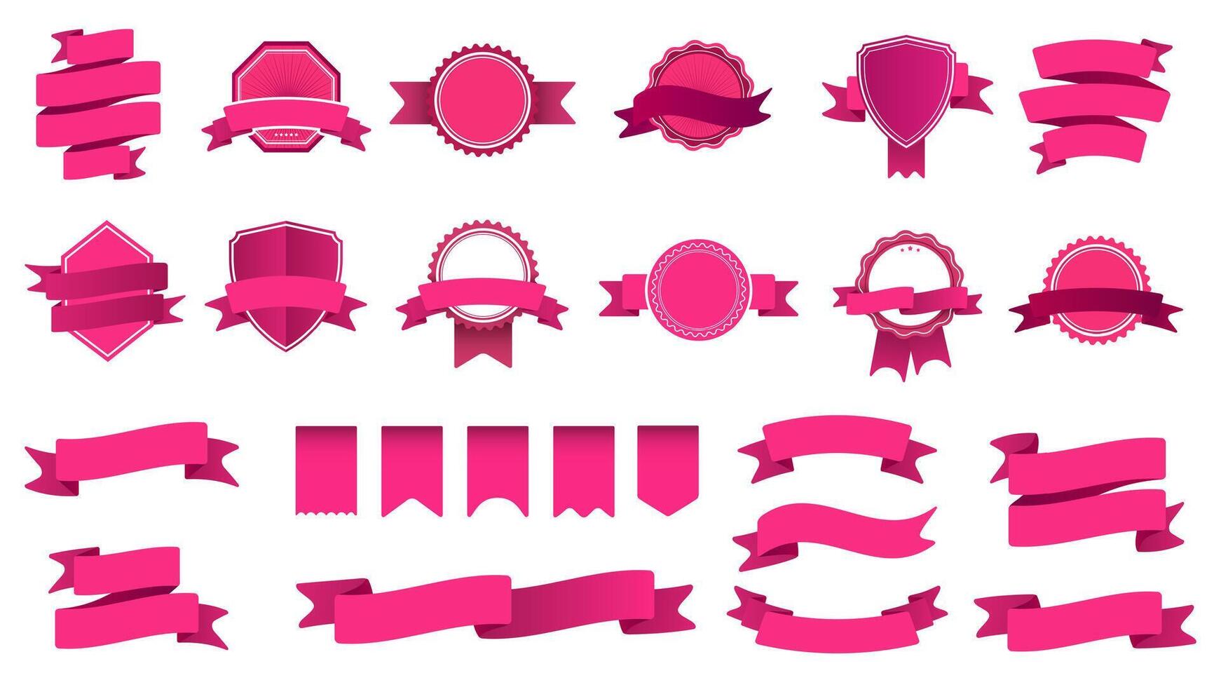 Ribbon banner badges. Frame with tape, abstract decorative shape badge and curved ribbons flat vector set. Collection of pink labels and stamps. Objects with banderole and pennants