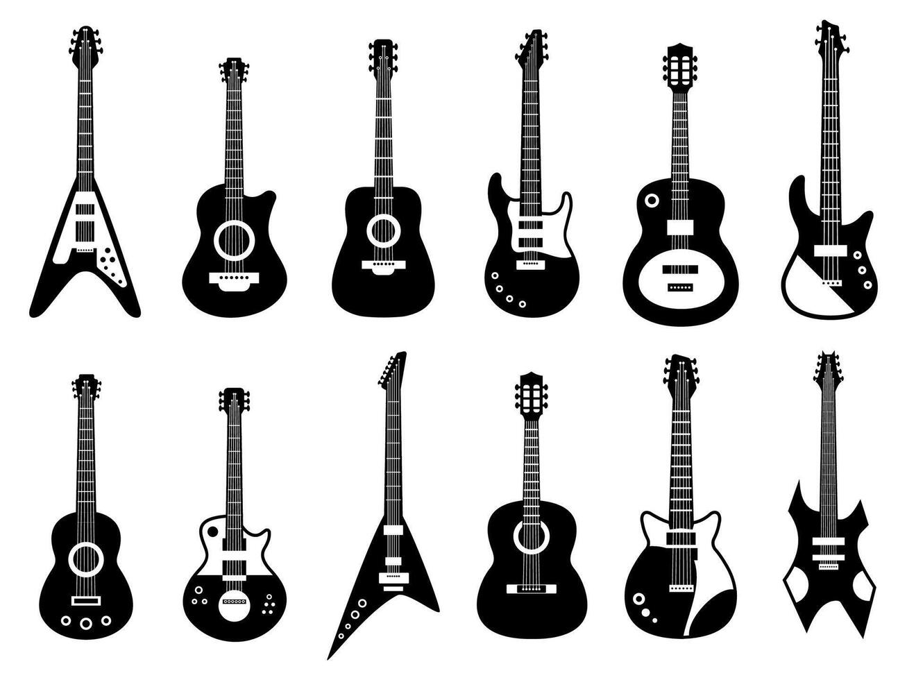 Guitars silhouette. Black electric and acoustic music instrument, rock jazz guitar silhouette, music band guitars vector illustration icons set