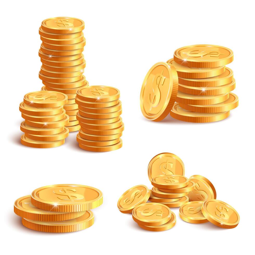 Realistic coins pile. Golden coin dollar stack, 3D jackpot coins, gold treasure prize, cash coin piles isolated vector illustration icons set