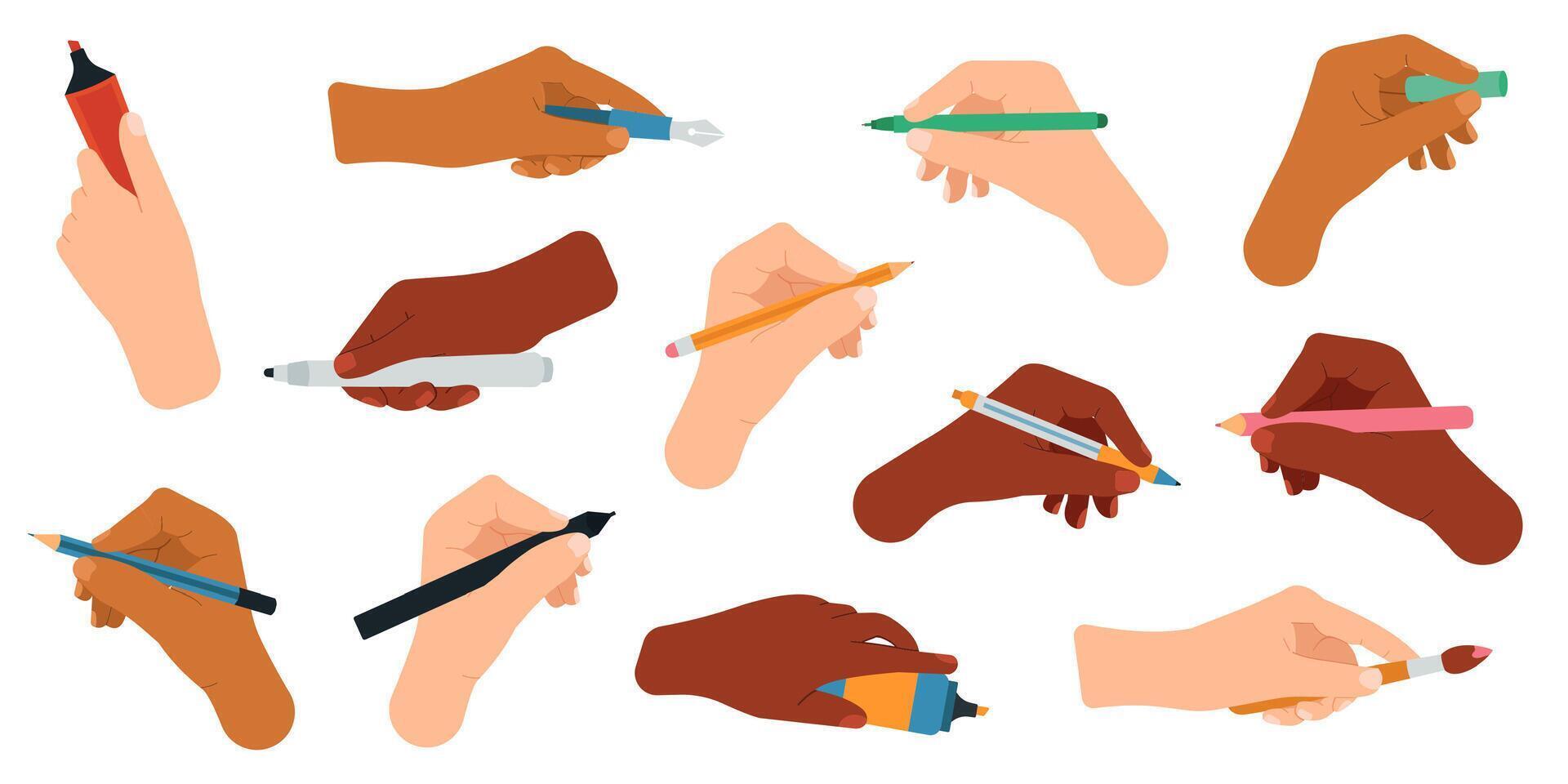 Writing tools in hand. Pen, pencil, stylus, felt-tip pen in arms, writing and drawing tools vector illustration icons set