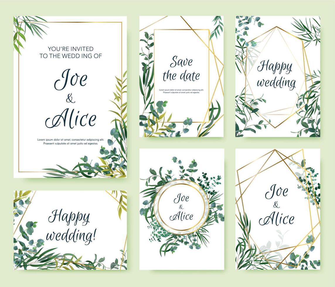 Wedding invitation frames. Floral elegant invite card, floral leaf frames templates. Modern spring gold frames vector illustration set