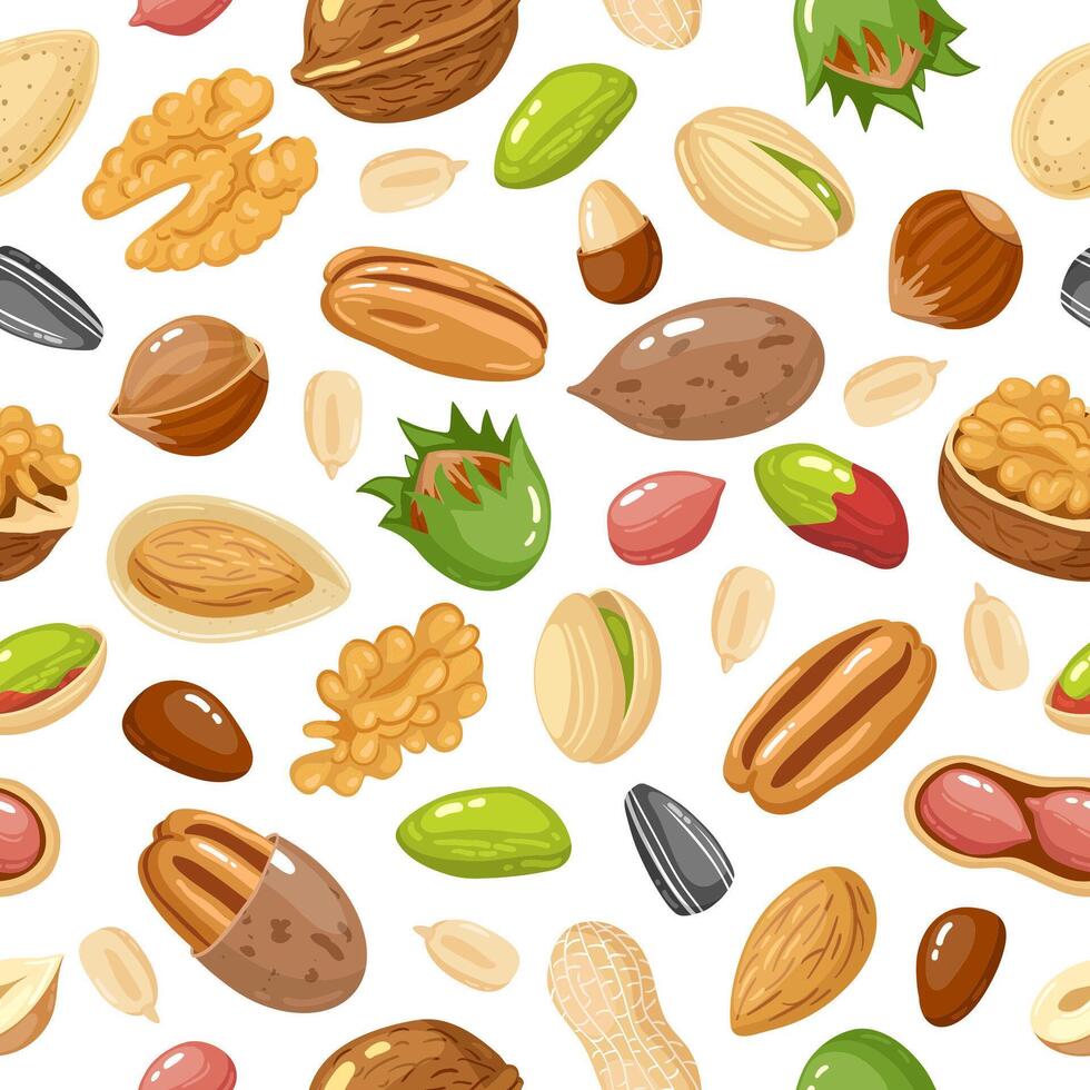 Seeds and nuts pattern. Nut, grain and seed seamless pattern, hazelnut, nut food pistachio and sunflower seed vector background illustration