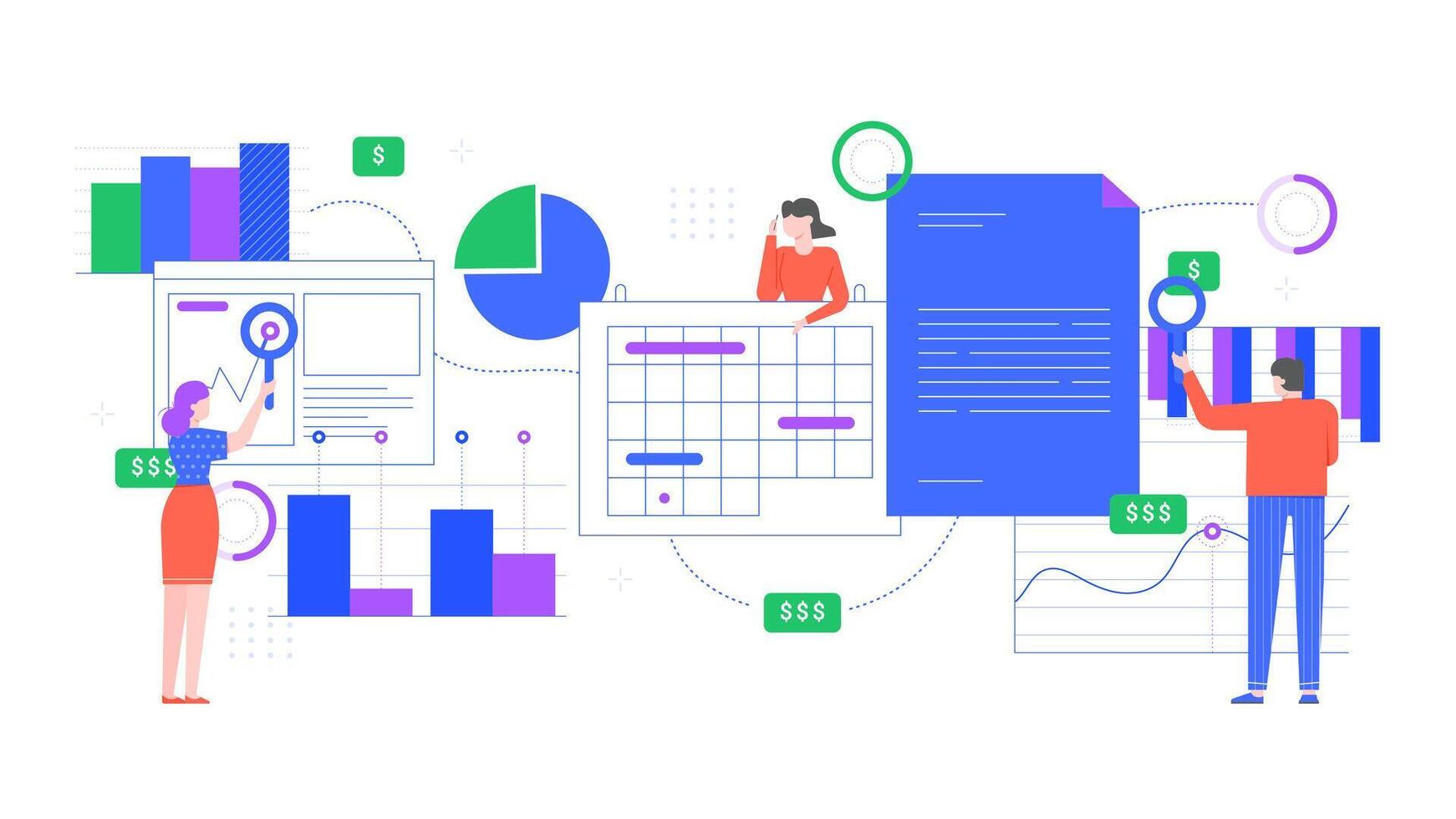 Financial analytics. People analyze financial charts, income graph analysis and office workers work together. Teamwork concept flat vector illustration. Employees cooperation and research