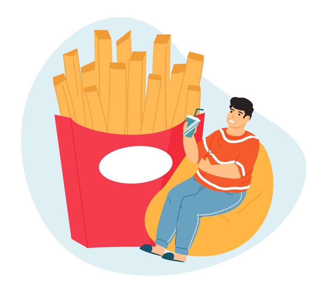 Obese man. Overeating leading to obesity, fat man with fast food, gluttony person trouble. Overweight fat guy vector illustration