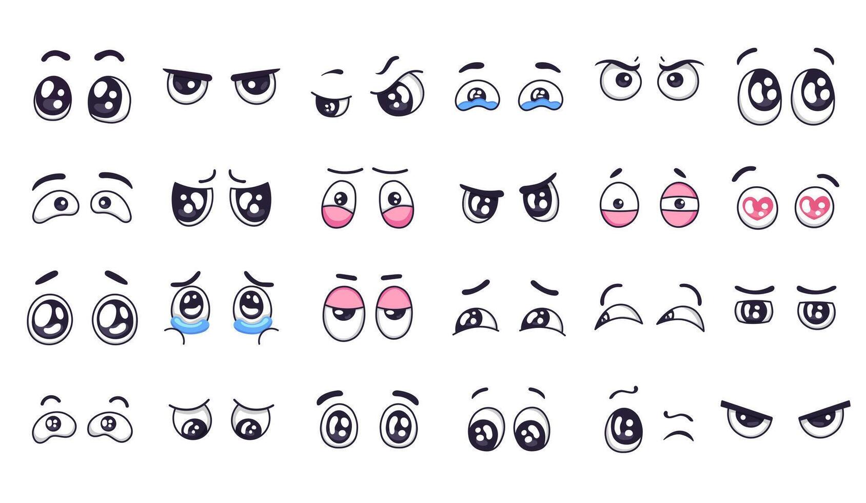 Cartoon eyes. Comic watching eye, funny facial eyes expressions and human emotions happy and crying sad doodle pair eye vector illustration set. Angry eyes with eyebrows, scared and surprised glance