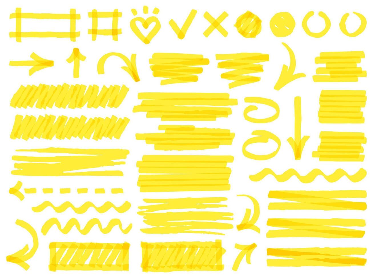 Hand drawn marker strokes. Yellow marker stroke lines, markers stripes and highlight elements, permanent marker signs vector illustration set