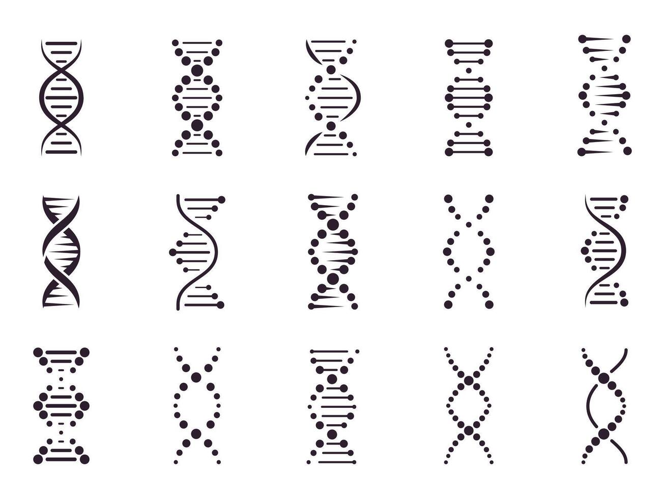 DNA model elements. Chemistry spiral chromosome structure concept, gene microbiology, molecule helix structure, medical science DNA elements isolated vector icons set. Deoxyribonucleic acid stripes
