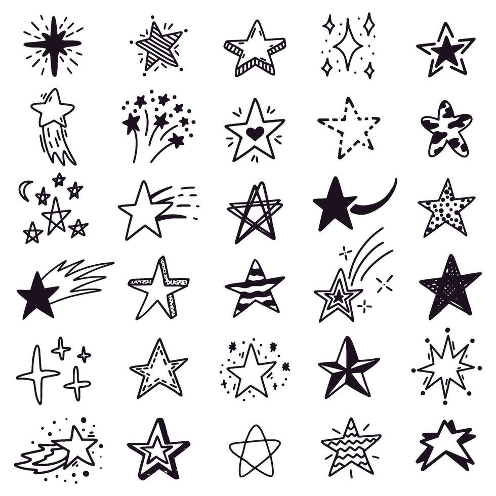 mano dibujado estrella bosquejo. garabatear estrellas bosquejo, dibujo tinta Starburst y brillante estrellas. estrellado garabatos vector ilustración íconos conjunto