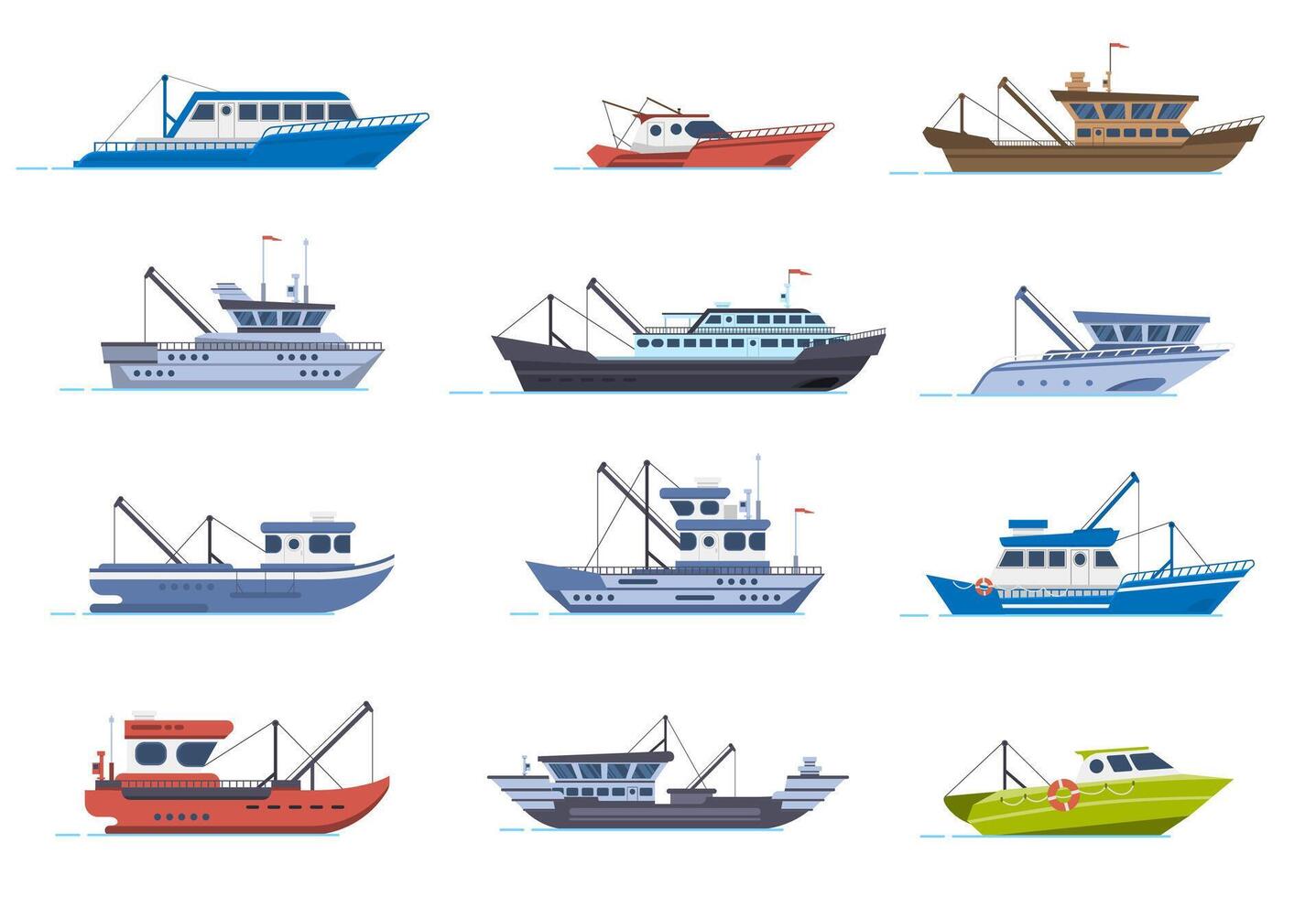 Fisherman boats. Fishing commercial ships, fisher sea boat for ocean water, shipping seafood industry boat isolated vector illustration set