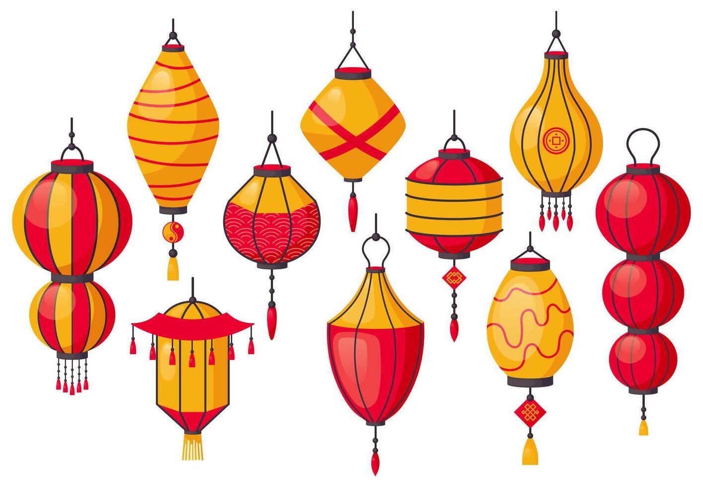 Oriental traditional lantern. Chinese paper lanterns, asian street decoration, chinatown lanterns. Traditional paper lamp vector illustrations