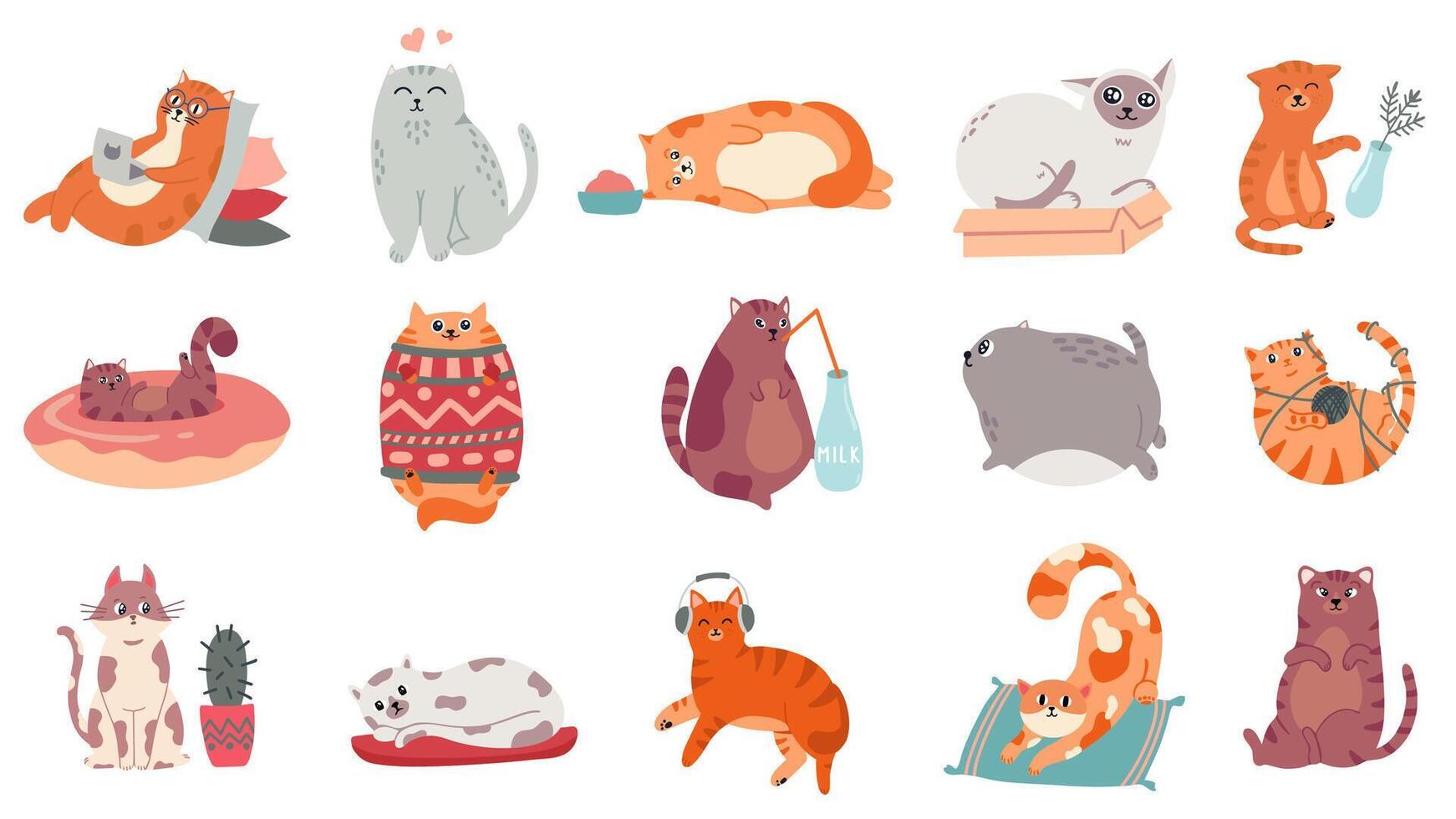 Cute cats. Funny cat in box, adorable sleeping kitty and fat cat in sweater vector illustration set. Domestic animal lifestyle. Comic pet working on laptop, doing yoga, listening to music stickers