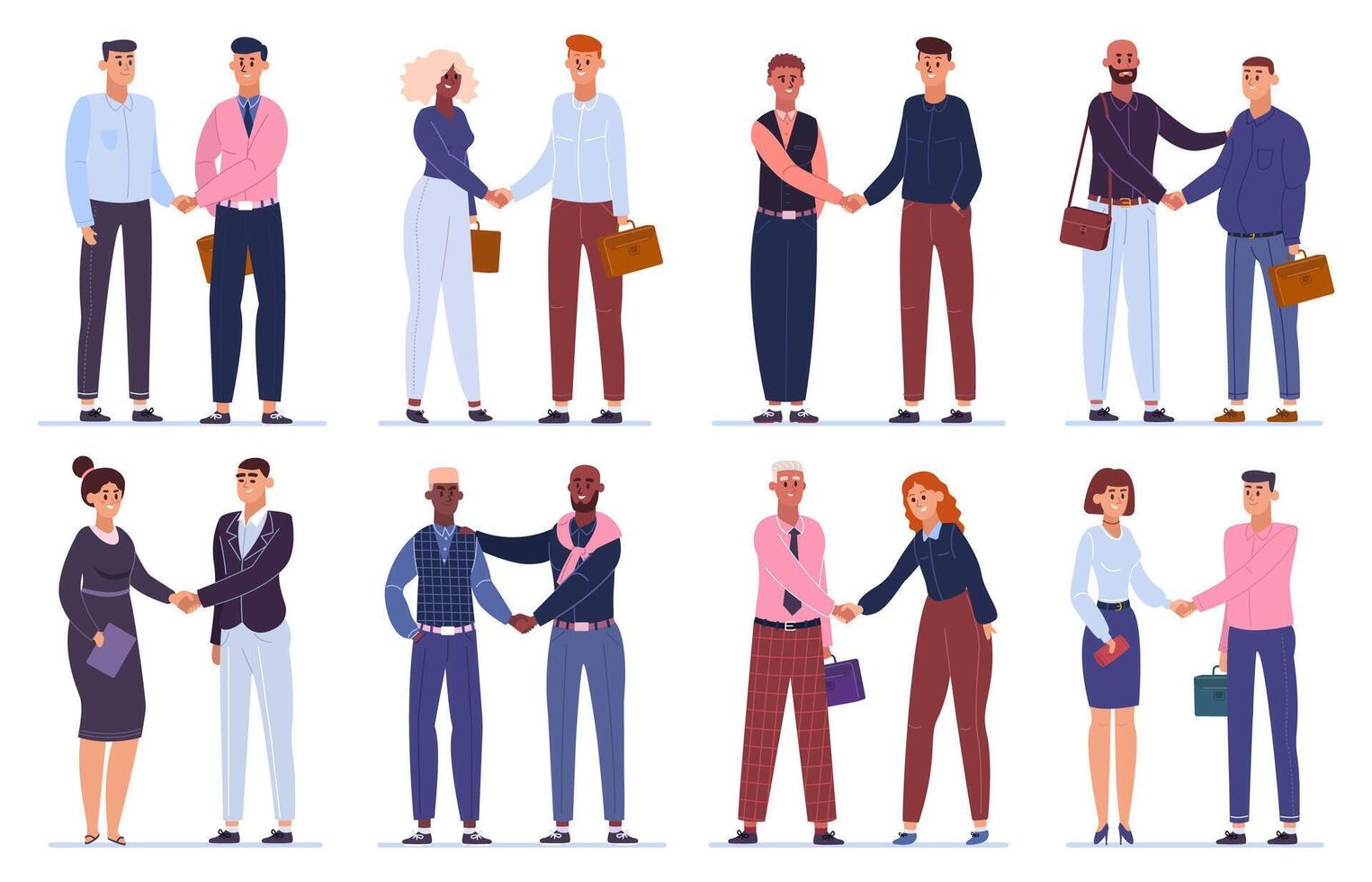 Business hands shaking. Office workers shake hands, businessmen agreement or deal complete, greeting handshake vector illustration set