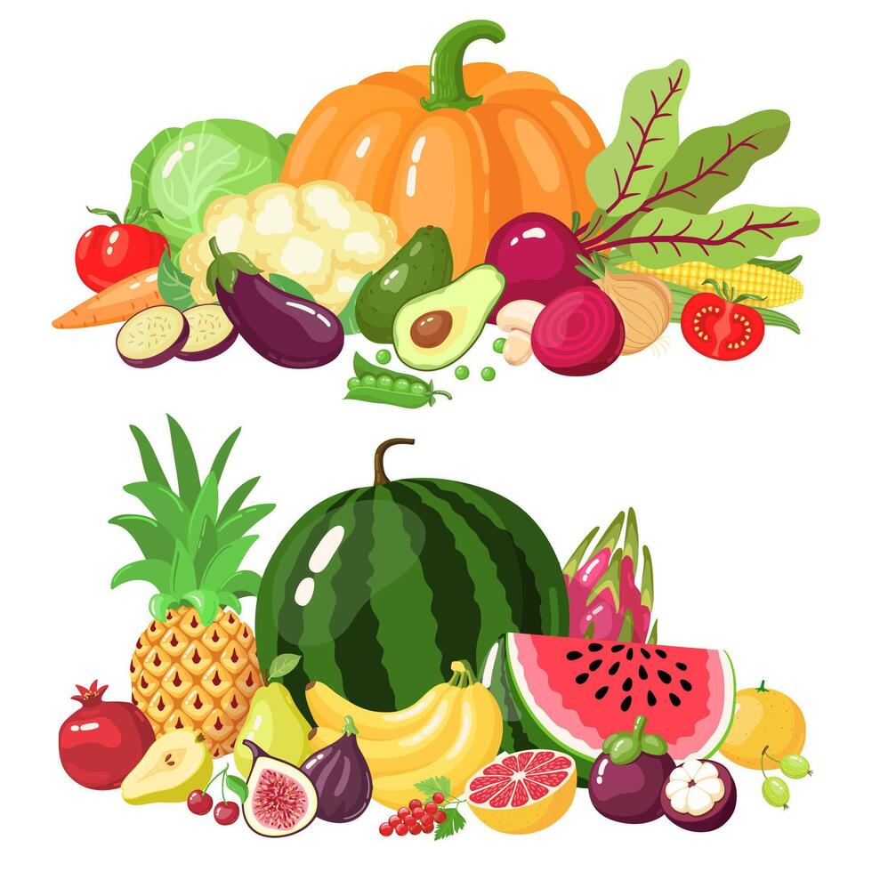 Vegetables and fruits. Cartoon vegetarian food, watermelon, pumpkin and apple vitamin fresh veggies and fruits vector illustration icons set