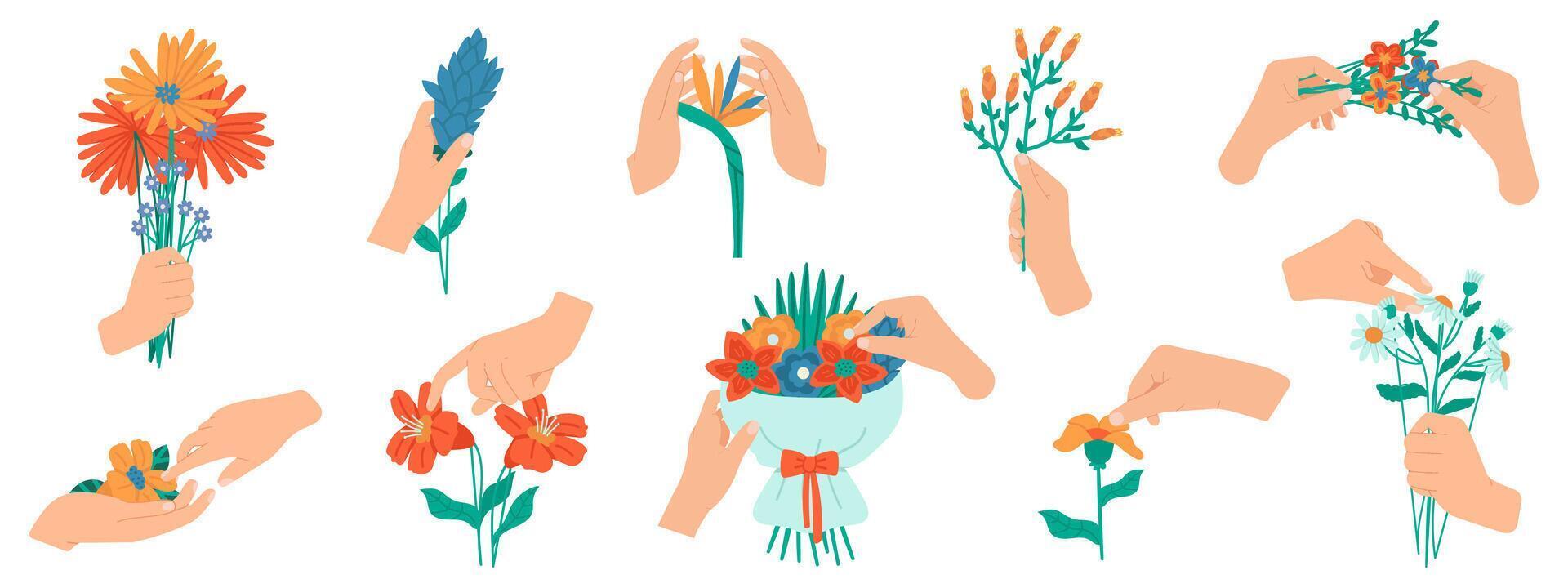 Hands holding flowers. Flowering bouquet in female hands, bunches of blooming flowers. Floral hand drawn elements vector illustration set