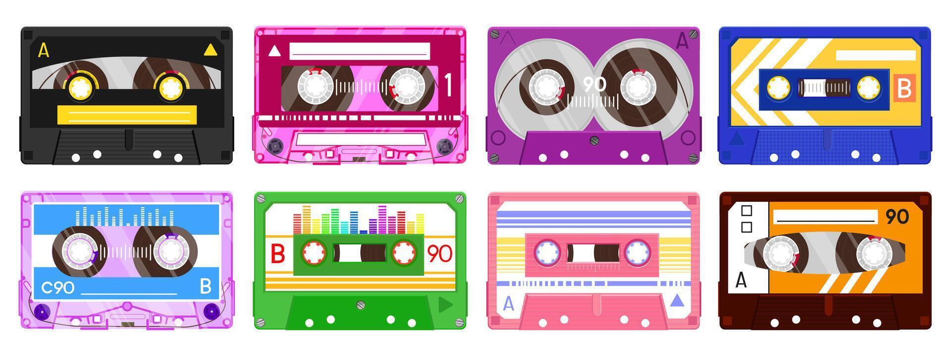 Audio record tapes. Retro 90s music cassette, vintage music mix audio cassette, 80s audio tape isolated vector illustration icon set