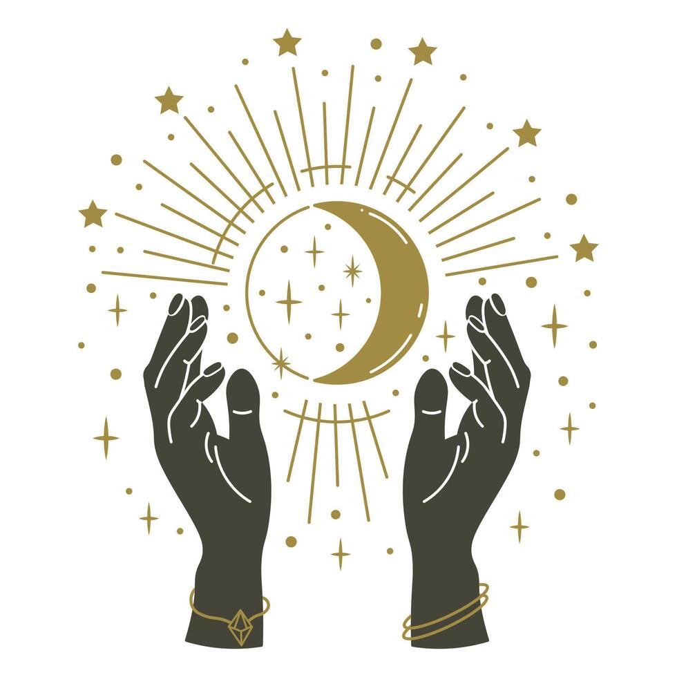 Magic hands holding moon. Hand drawn mystical arms with moon, magical symbol, witchcraft mystic arms holding moon and stars vector illustration