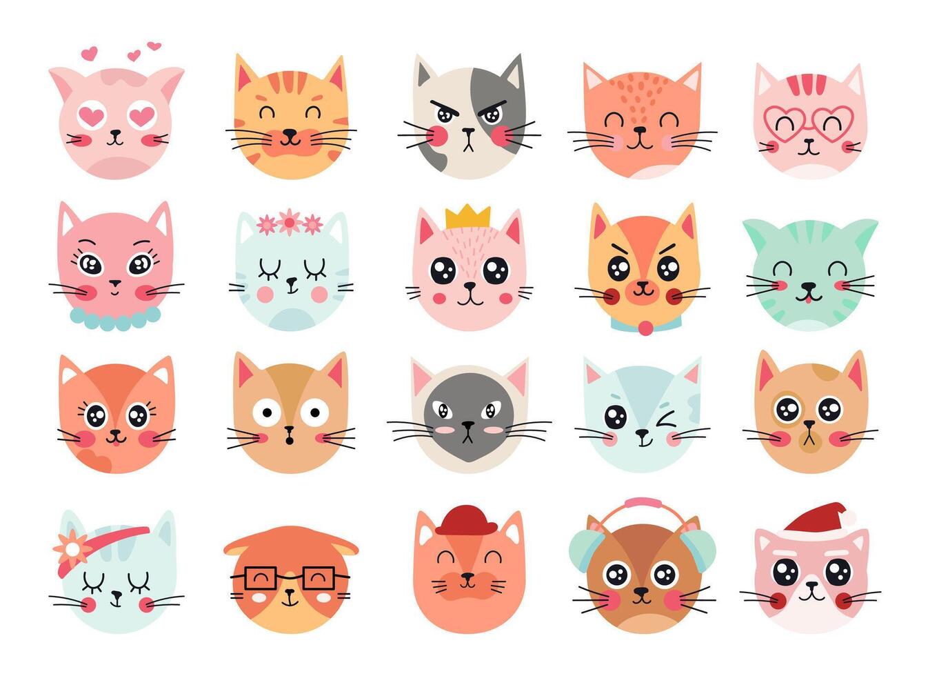 Cute cats faces. Cat heads emoticons, kitten face expressions. Happy smiling, sad, angry and wink cat vector illustration. Animal feelings and emotions set. Cartoon characters emoji