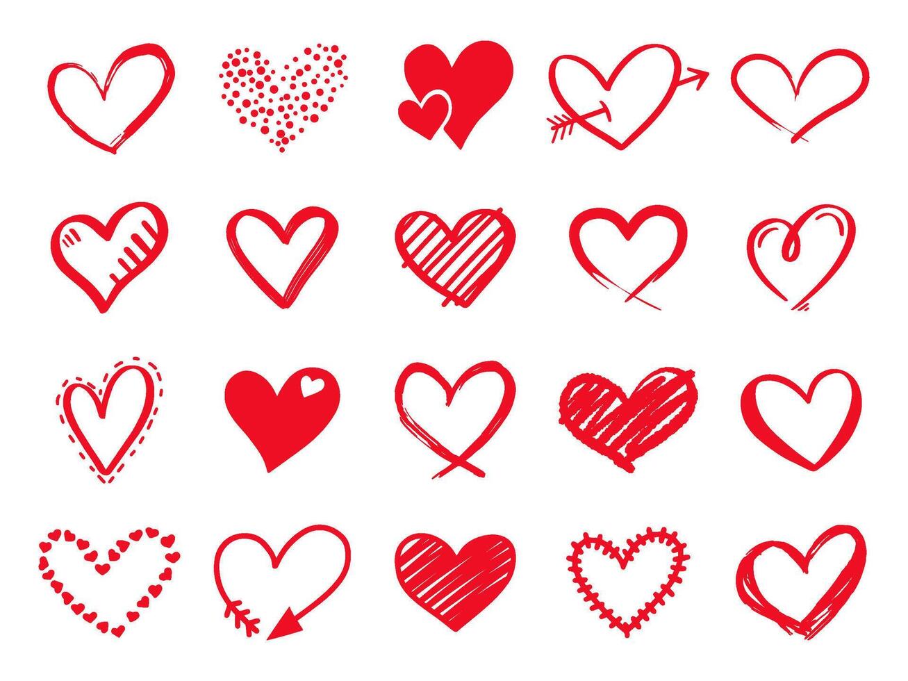 Hand drawn scribble hearts. Painted heart shaped elements for valentines day greeting card. Doodle red love hearts isolated vector icons set. Collection on romantic symbols on white background