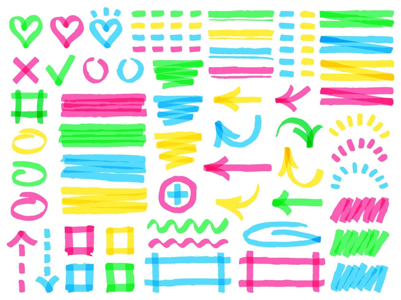 Highlight markers. Colorful marker strokes, yellow highlights arrows, frames and check marks, green hand drawn symbols vector illustration set