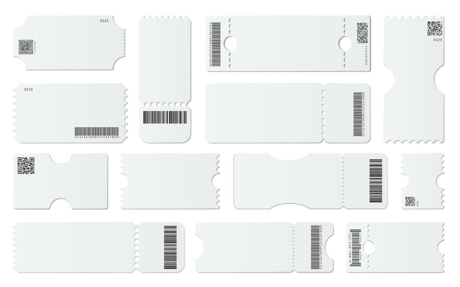 Blank ticket mockup. White tickets with barcodes, empty coupon and admit one ticket template vector set. Vouchers with tear off elements. Qr codes, digital identification. Gift cards samples