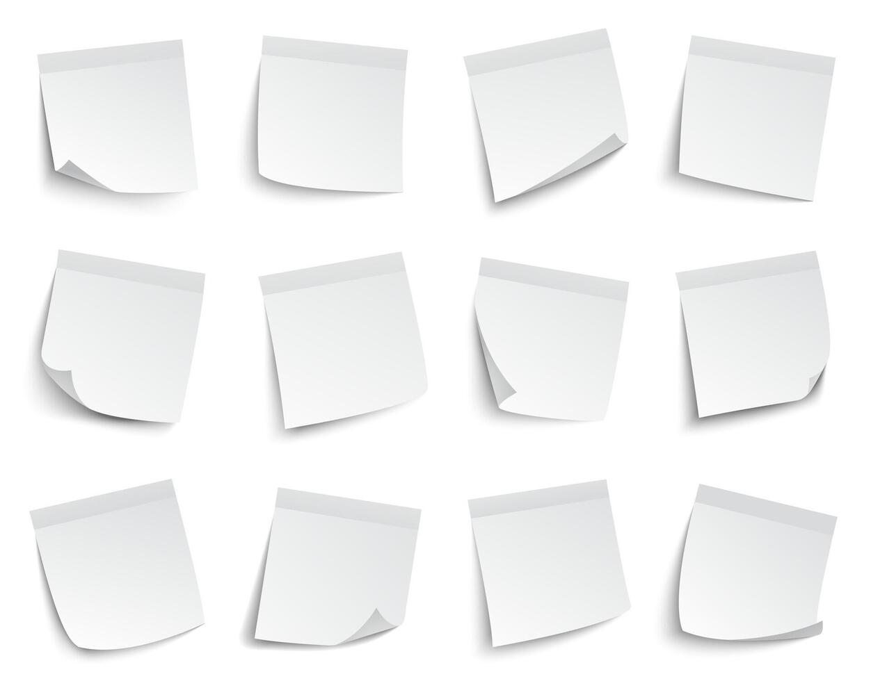 Note paper stickers. White blank memo paper notes, sticky paper sheets, business post-it notes vector illustration set