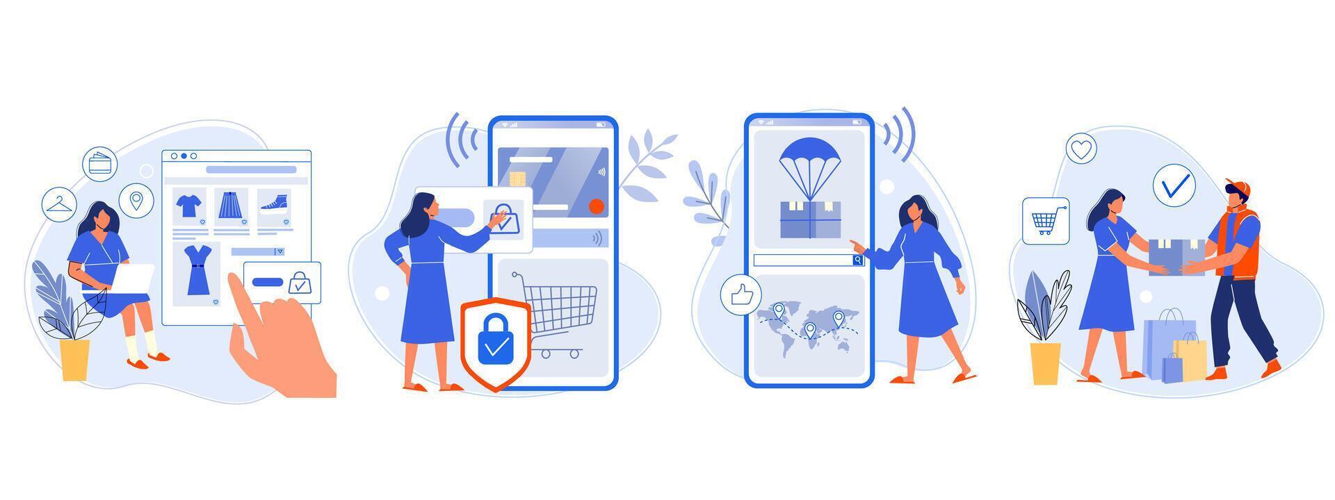 Online shopping. Buyer picked goods, paid for mobile banking, tracking parcel package and customer delivery. Online order flat vector illustration. Purchase process with four steps. Shopper, e store
