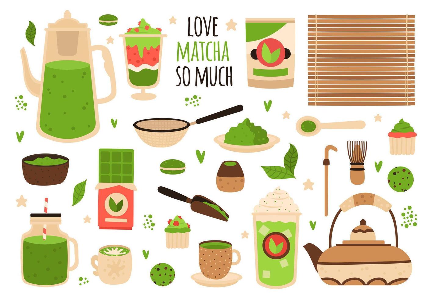 Matcha tea. Matcha powder, tea pot, sweets and matcha pastry, healthy delicious food and beverages, hand drawn matcha tea vector illustration set