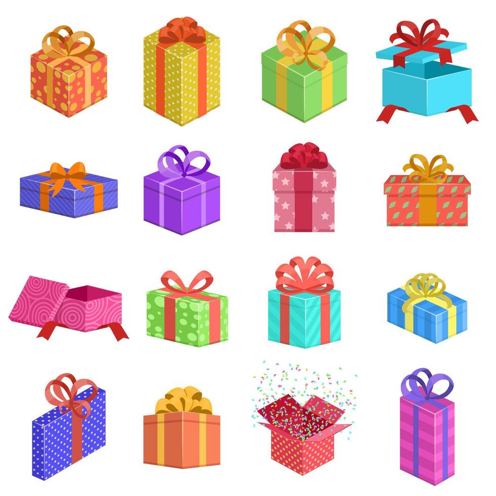 regalo cajas cumpleaños presente caja, Boda o Navidad Días festivos regalo cajas, saludo sorpresa regalos con cintas aislado vector ilustración conjunto