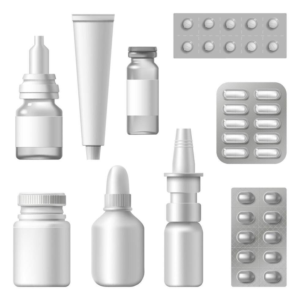 Realistic medical packages. Pharmaceutical supplements, drugs, spray bottle and pills blister, medication packaging mockups isolated vector set