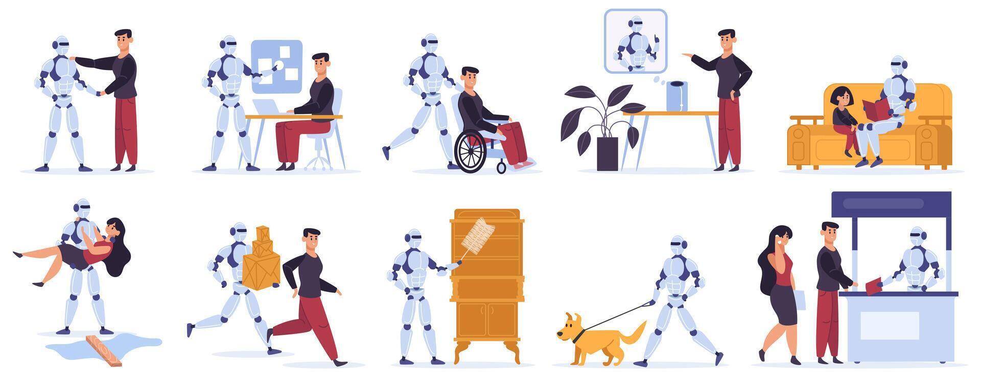 Robot helps human. Artificial intelligent personal assistant, robotic devices helps human owner, serving assisting vector illustration icons set