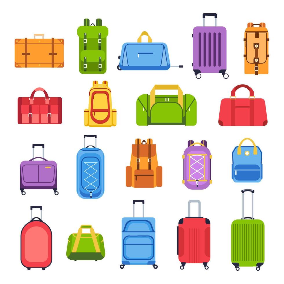 Luggage bags. Baggage handbag for trip, tourism and vacation, travel suitcases and leather accessories isolated vector icons set. Journey essentials. Valises. Cartoon flat illustrations