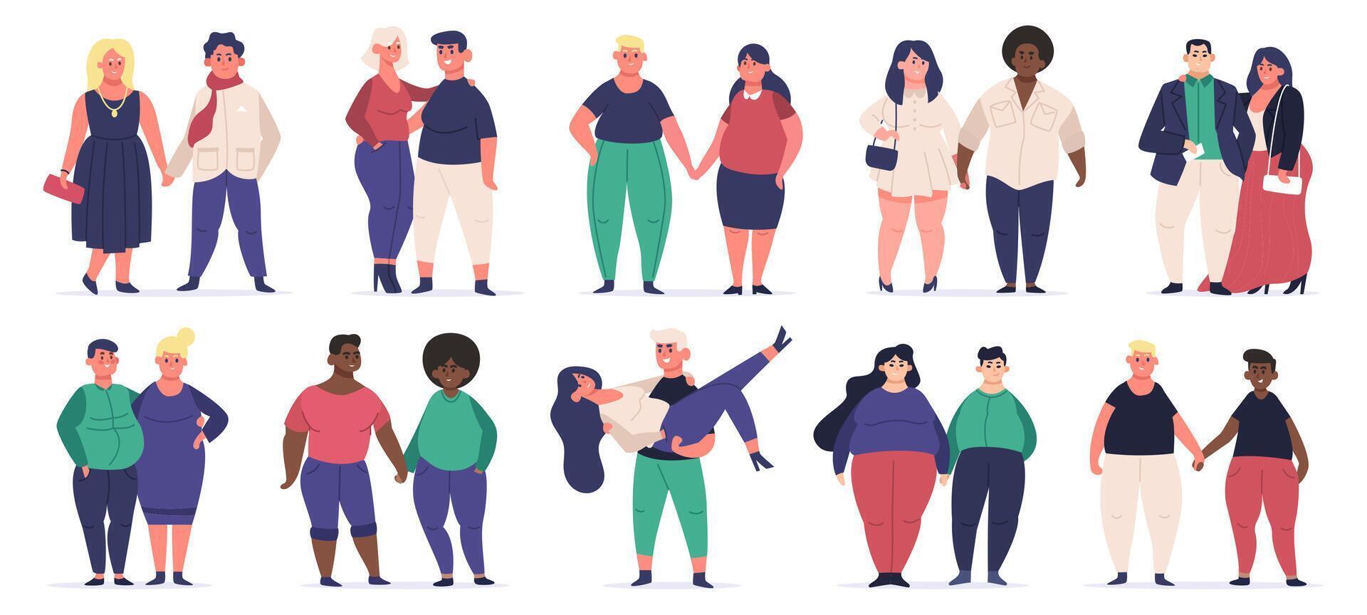 Plus size couples. Fat attractive male and female characters, body positive curvy man and woman. Overweight couples vector illustrations