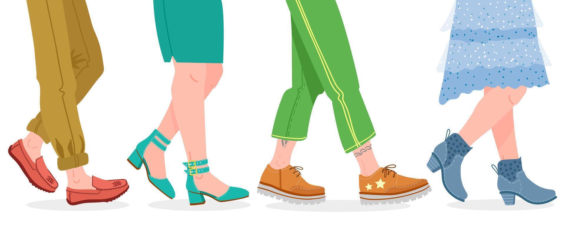 caminando botas. personas caminando en moderno zapatos, hombre y mujer pies en elegante calzado vector ilustración