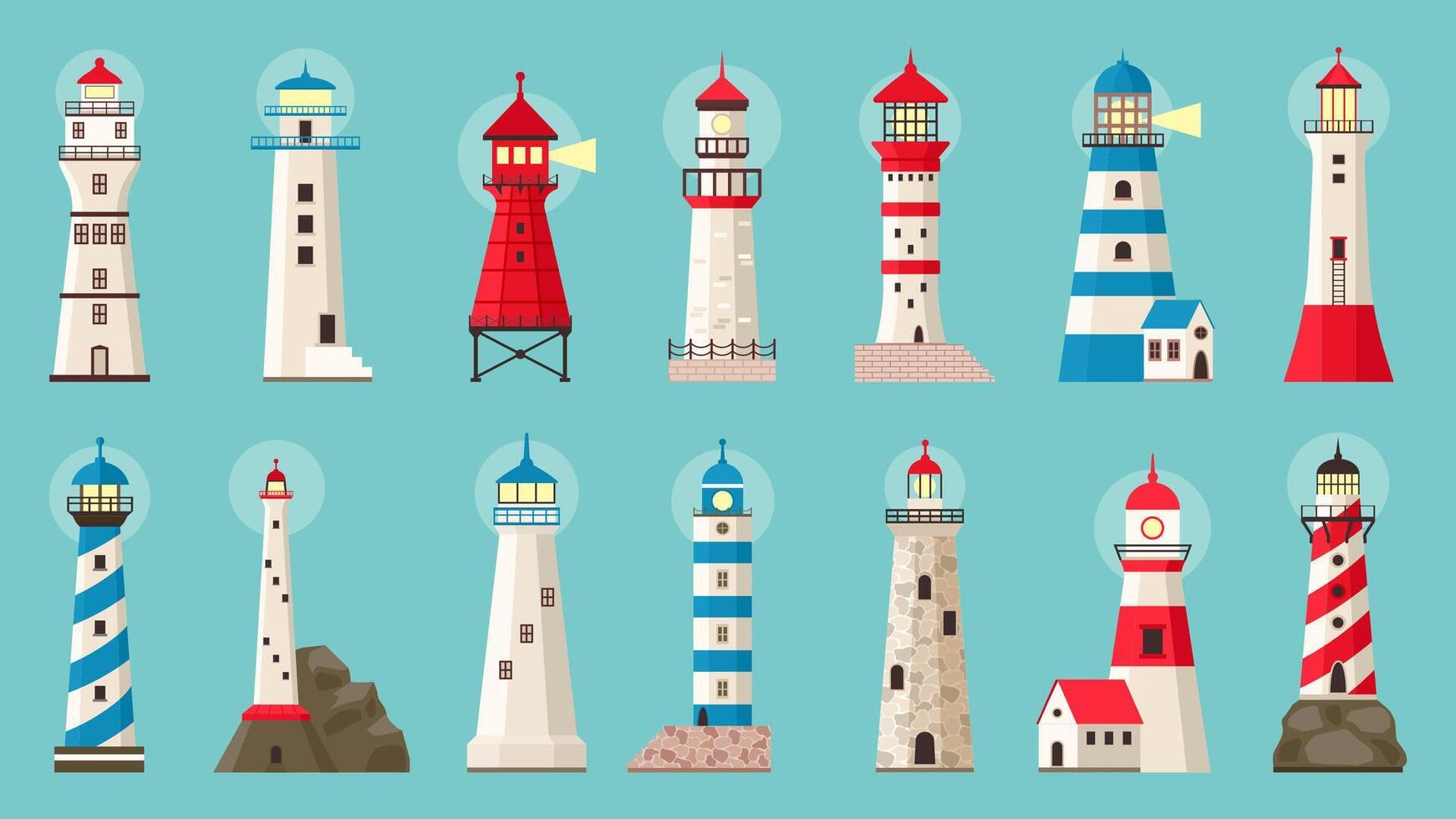 Beacon building. Lighthouses with searchlight, marine navigation coastline towers. Searchlight architecture towers vector illustration set