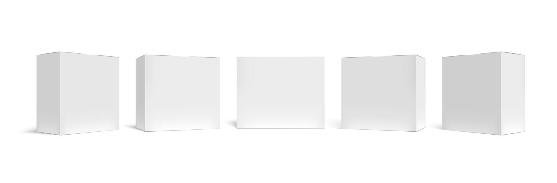 Realistic packaging box. White cardboard boxes mockup, medical case and horizontal rectangular pack 3D vector template set. Closed square packages. Blank carton containers isolated on white backdrop