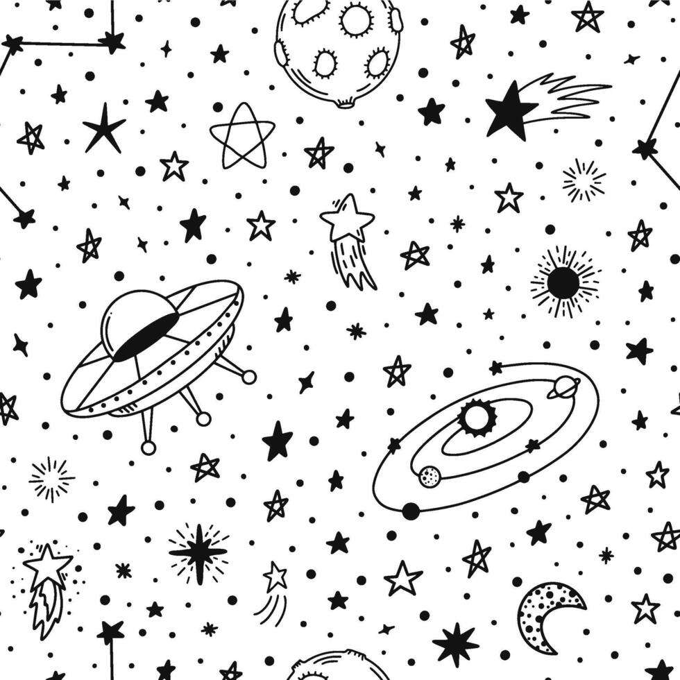 Space hand drawn pattern. Seamless doodle space planets and stars pattern, sketch celestial bodies doodles. Galaxy elements vector background