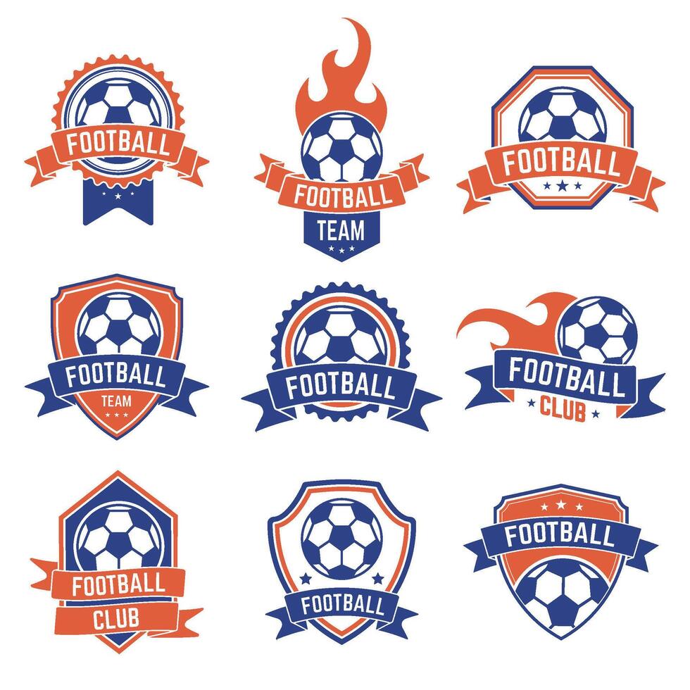 Soccer club emblem. Football badge shield logo, soccer ball team game club elements, soccer competition and championship vector isolated icon set