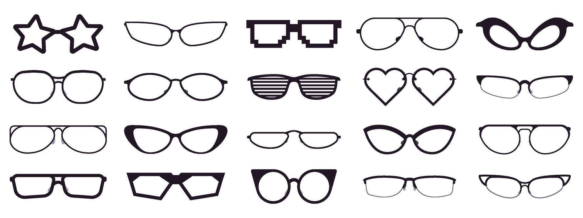 Spectacles silhouette. Glasses frames, optics eyewear and eyeglasses frame. Rim optic lens glasses vector illustration icons set