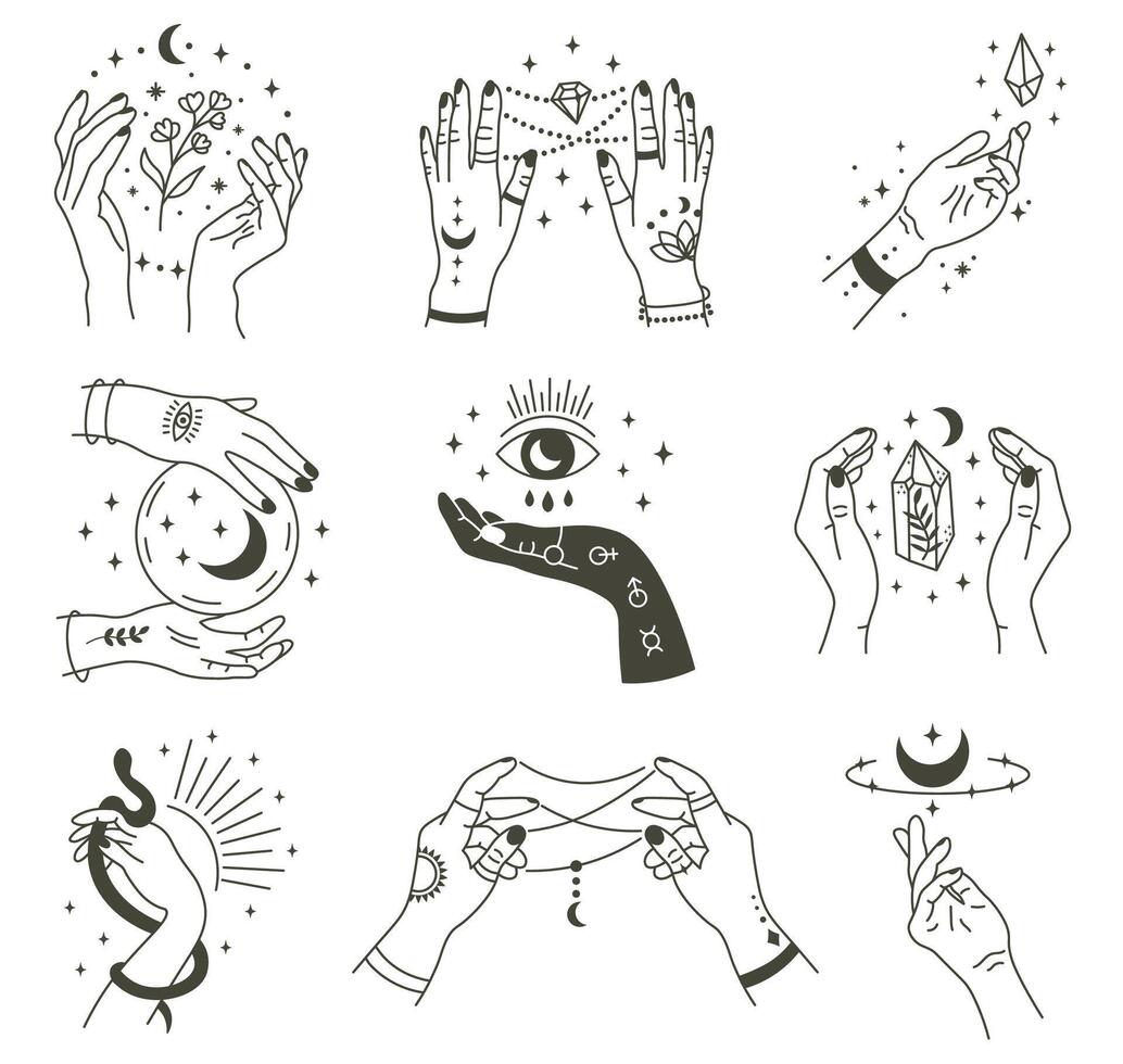 Magical hands. Boho occult magic hand, witch mystical symbol, witchcraft hand drawn arms with moon and crystal vector illustration icons set