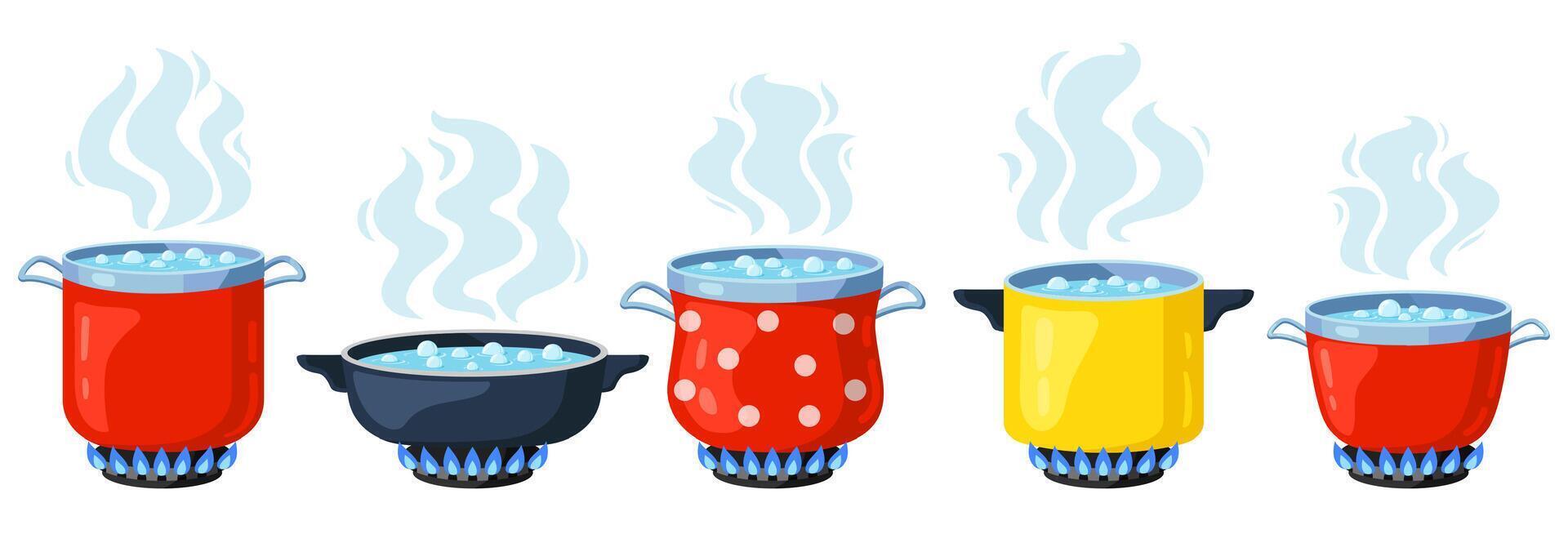 Cooking kitchen pots. Cartoon boiling saucepan, cooking soup boiling on gas stove. Boiling steamed water vector illustration set