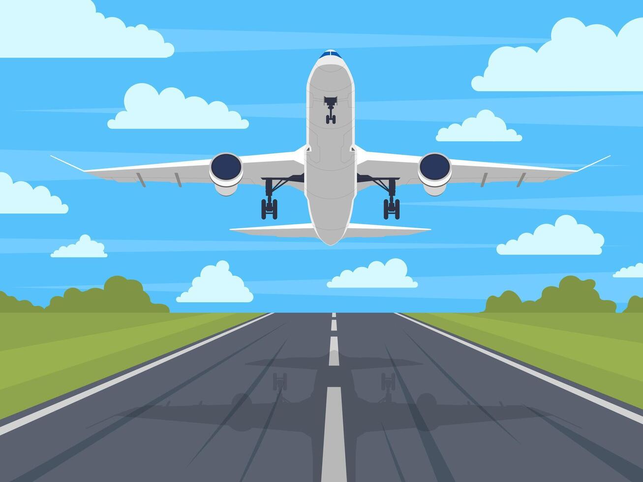 Airplane runway. Landing or taking off plane, passenger airplane in blue sky. Airport runway travel or vacation vector illustration