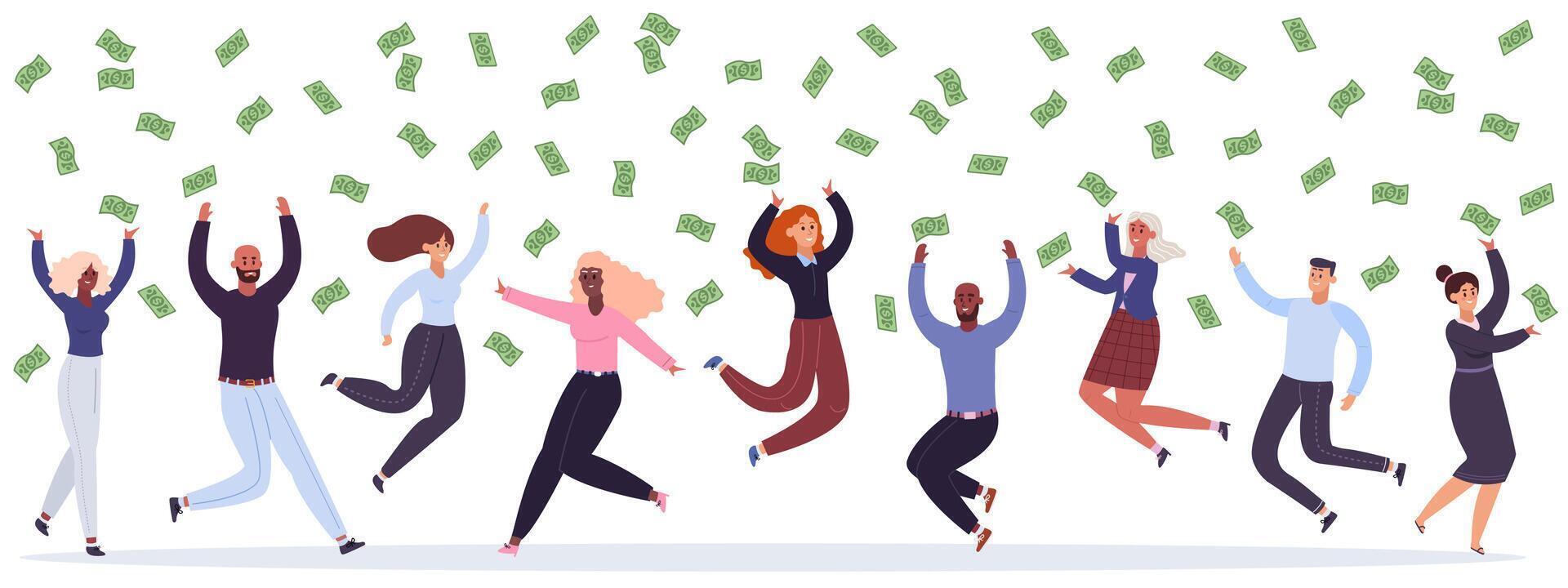 Business celebrating. Happy business team celebrating victory, jump under money rain, falling cash. Successful business people vector illustration