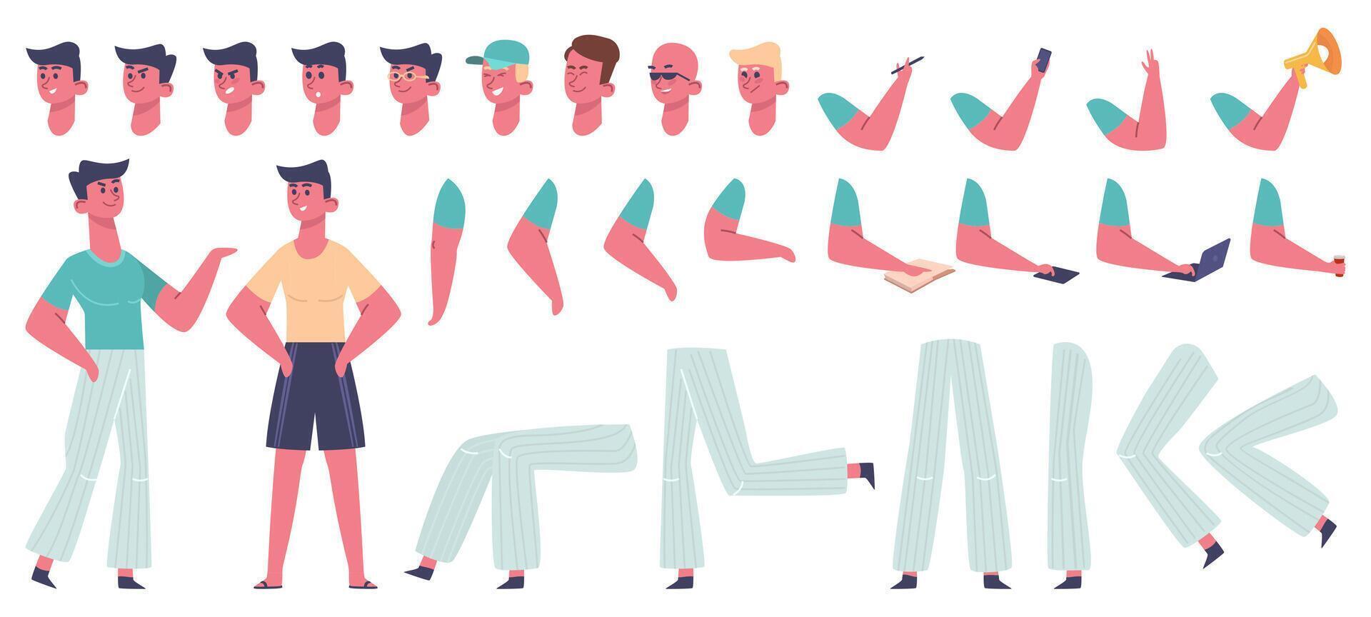 Male character constructor. Man body gesture poses, clothes and hairstyle, different legs, hands and facial emotion vector illustration icons set