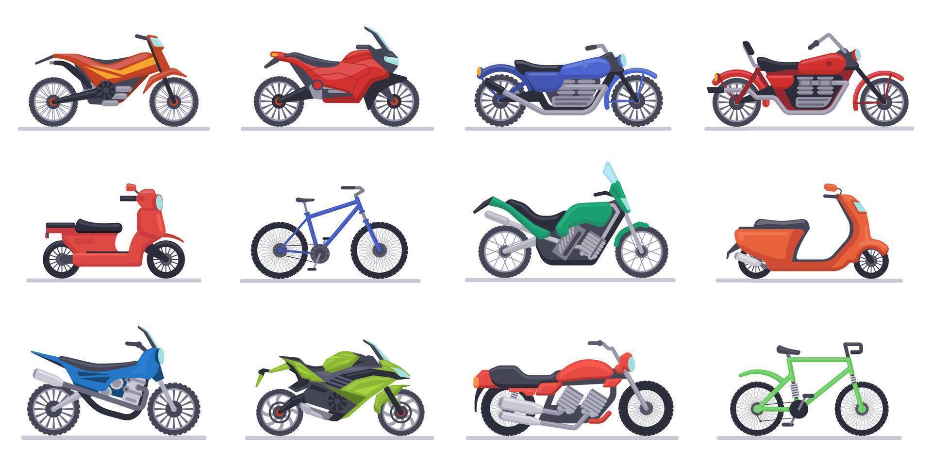 motos y scooters moto, velocidad bicicletas moderno vehículos, scooters, motocross bicicleta y helicópteros aislado vector ilustración íconos conjunto