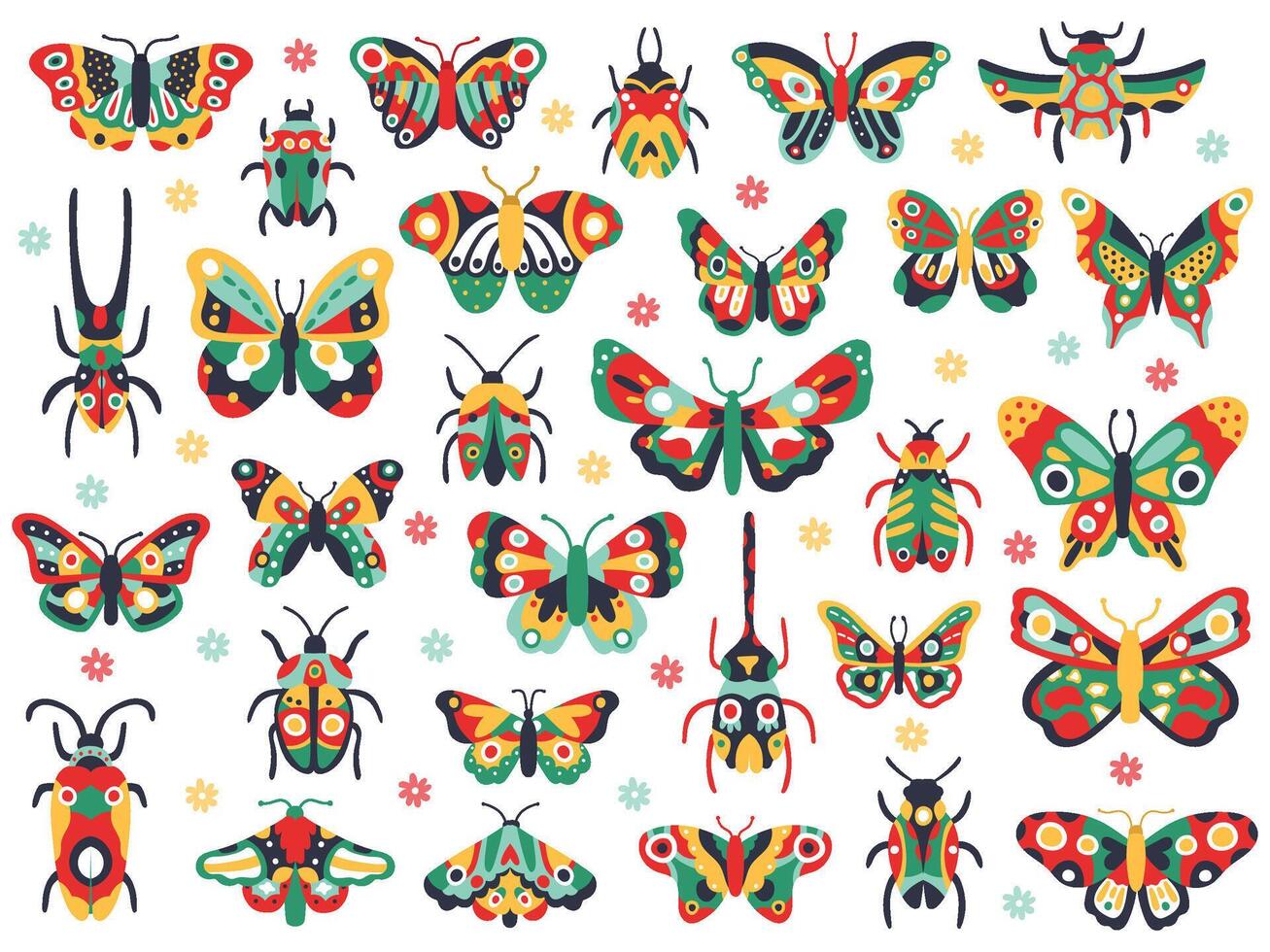 mano dibujado linda insectos garabatear volador mariposa y escarabajo, vistoso primavera insectos dibujo mariposas y loco vector ilustración íconos conjunto