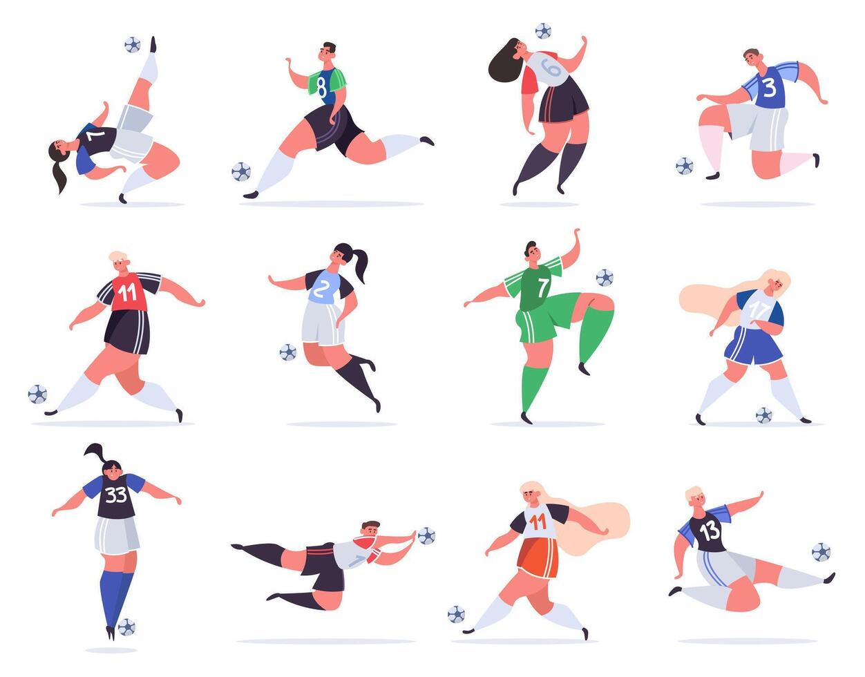 deporte fútbol americano gente. fútbol masculino y hembra caracteres, fútbol americano personas pateando pelota, profesional deportistas vector ilustración conjunto